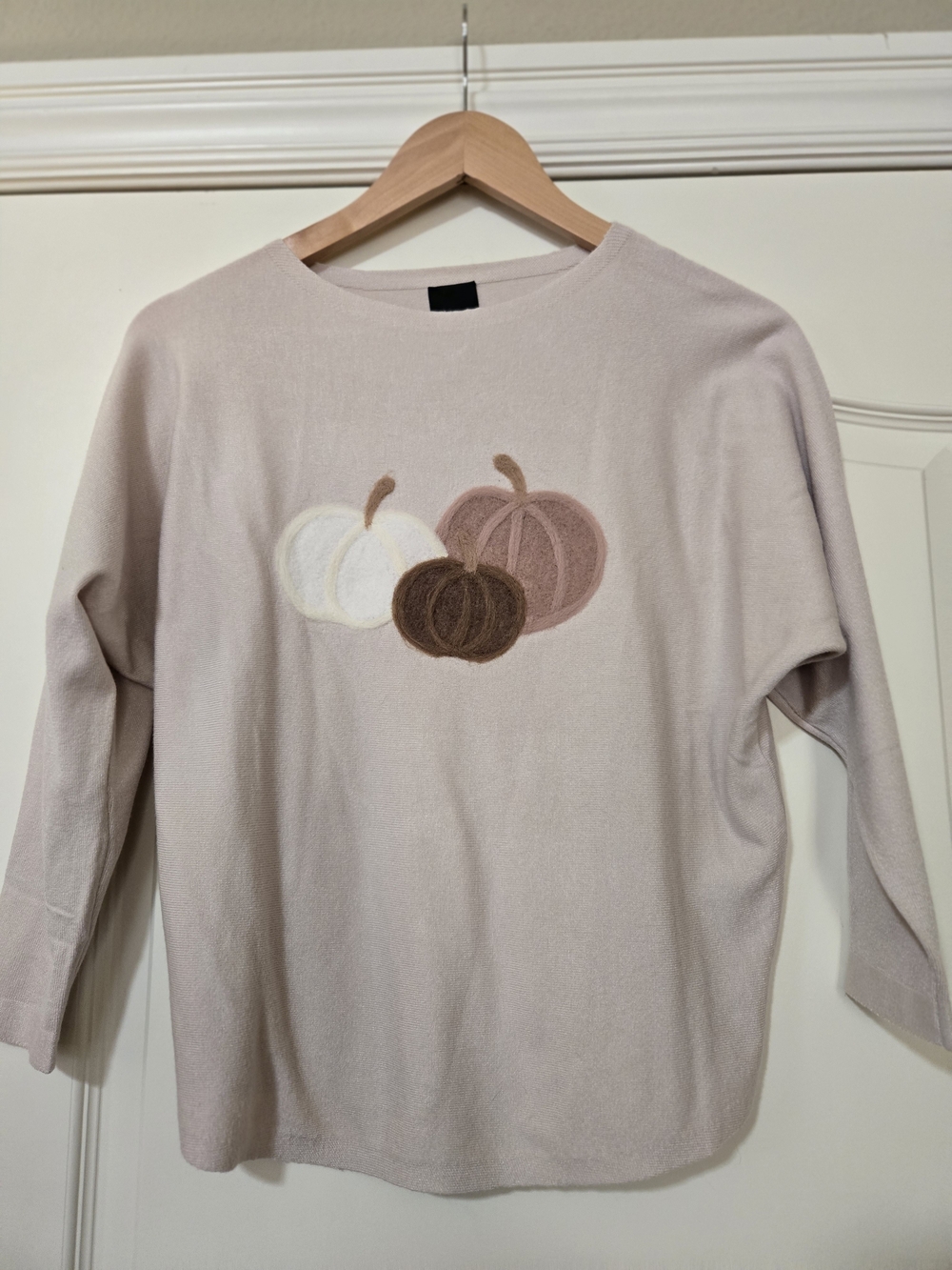 Crewneck Sweater with Neutral Pumpkin Appliqué - Cream Cozy Fall